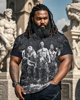 Plus Size Black Printed T-Shirt Men's T-Shirt With Three Fierce Warriors-Printed Front And Back